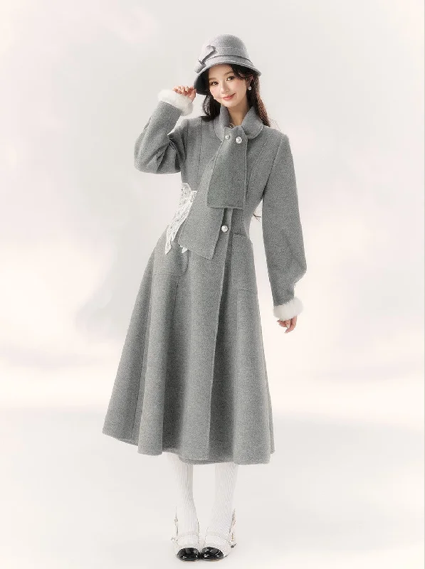 Gray Lace Bow Design Coat BBB0094 Pockets Sleeves Lining