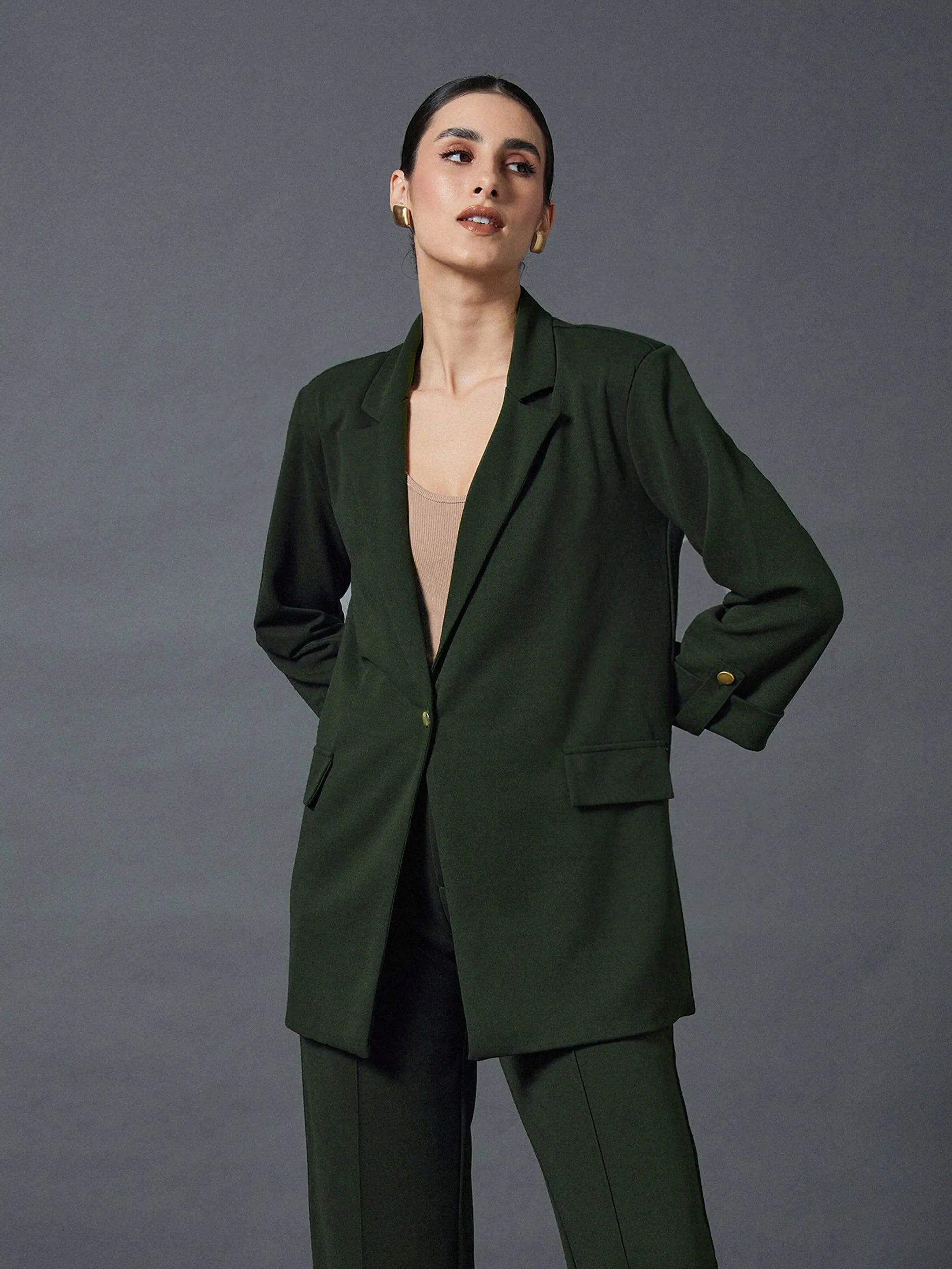 Women Olive Longline Front Open Blazer Cotton Blend Blazer