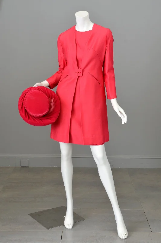 1960s Hot Pink Mini Shift Dress w Matching Coat | Mrs. Maisel Dress and Coat Stand-Up Roll-Neck Turtle