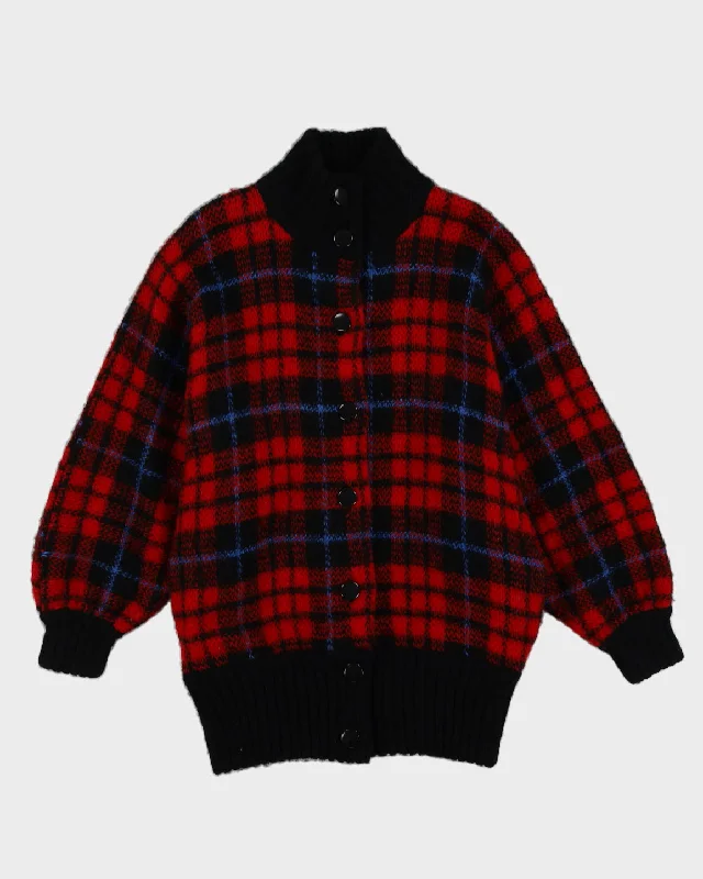 Red Tartan Patterned Knitted Cardigan - L Notch Collar Peter Pan Collar Cowl Neck