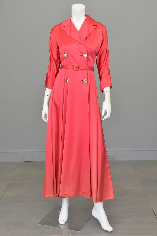 1940s Raspberry Pink Satin Wrap Front Dress House Coat Zip Front Button Front Snap Front