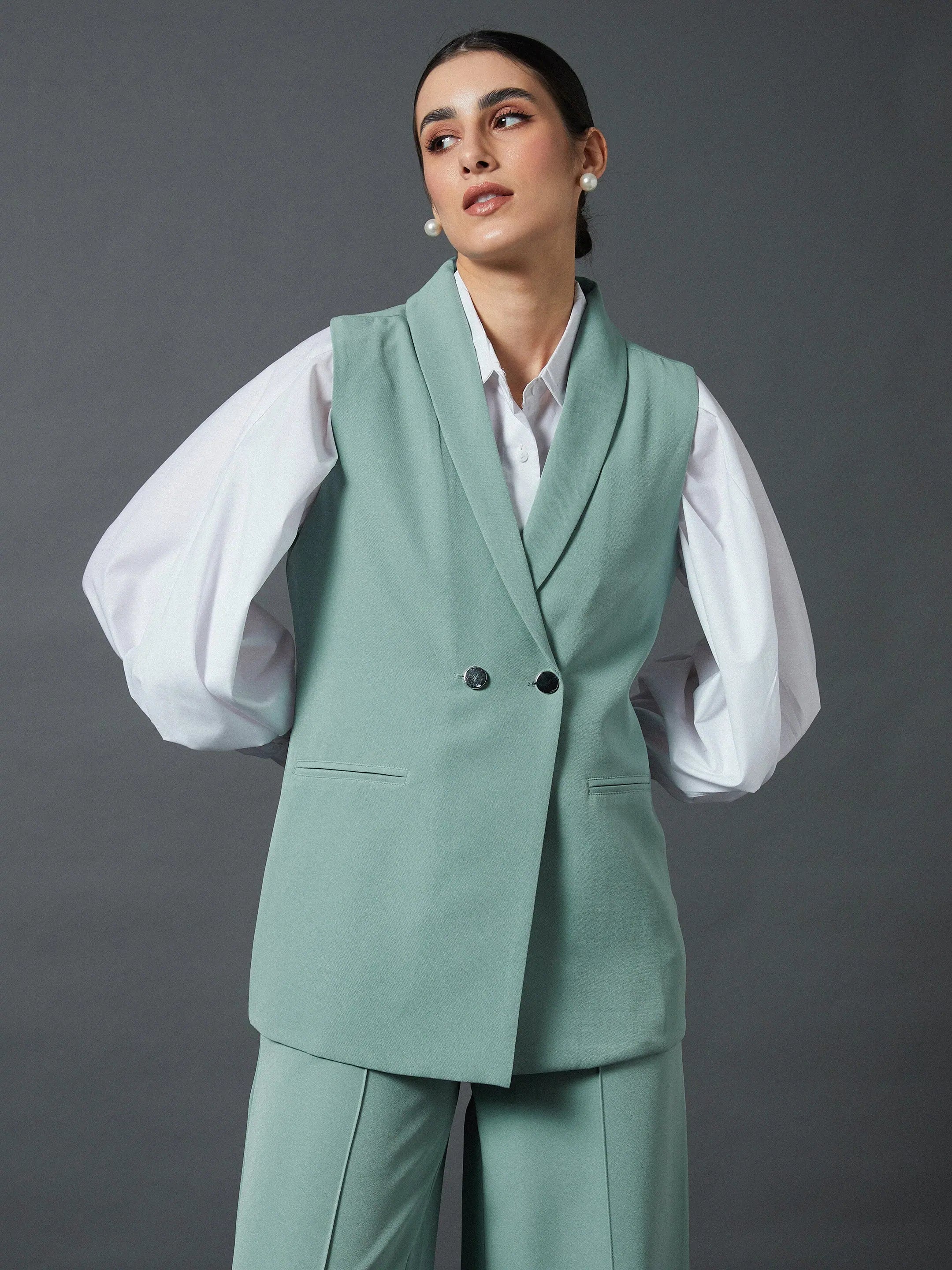Women Blue Double-Breast Sleeveless Longline Blazer Women's Handmade Blazer