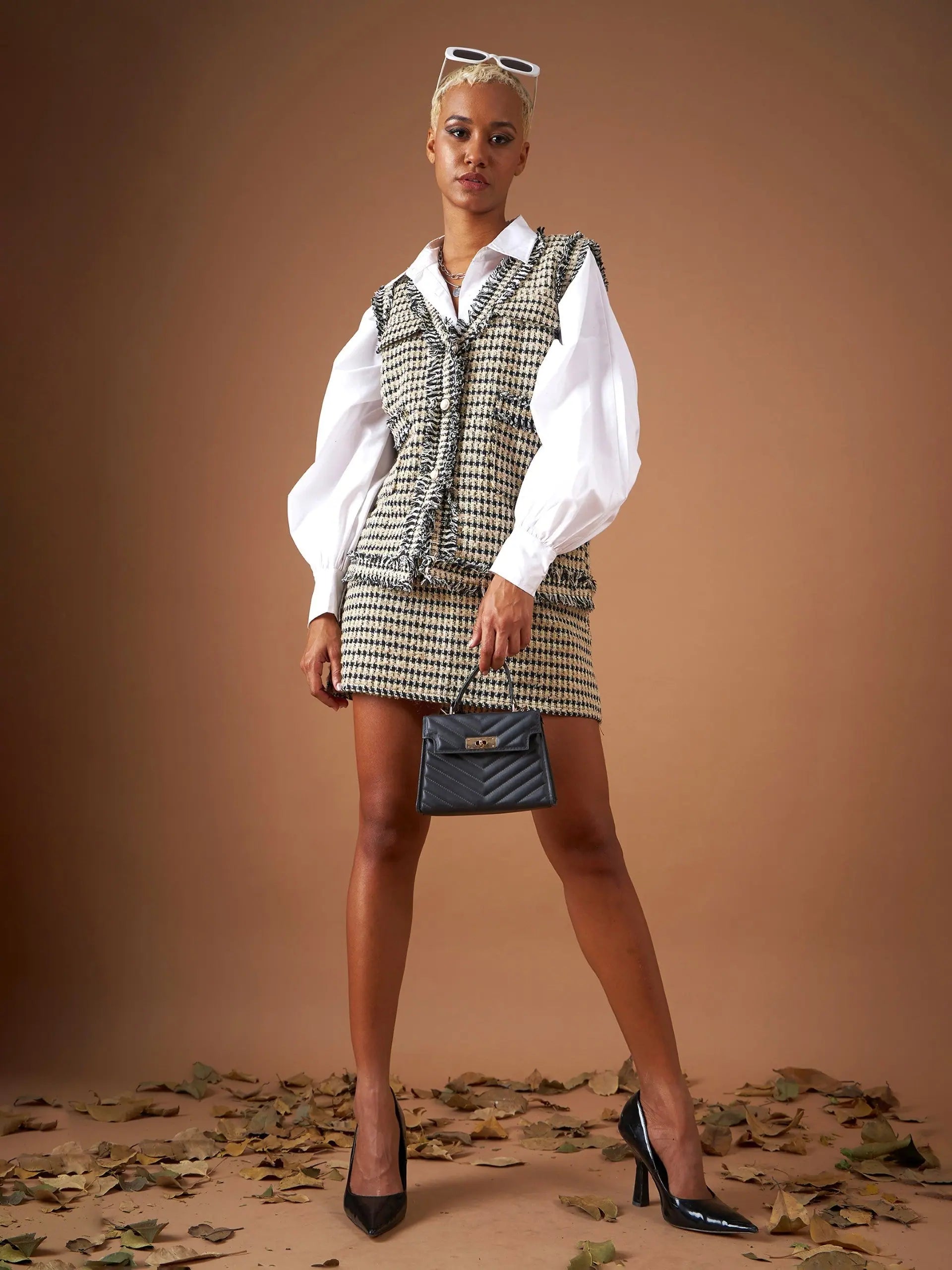 Women Off-White Check Jacquard Tweed Sleeveless Blazer Women's High-End Blazer