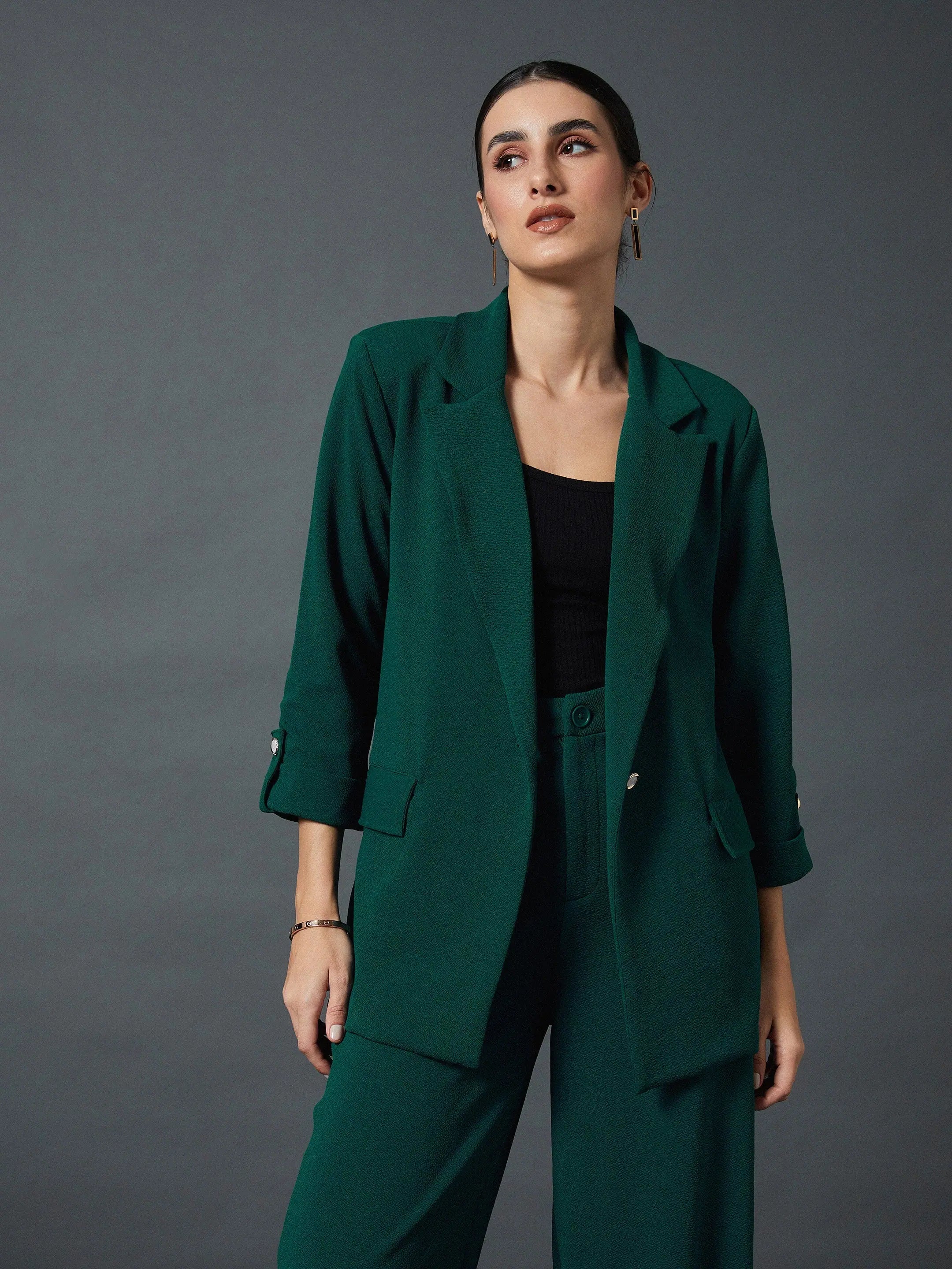 Women Emerald Green Front Button Blazer Women's Navy Jacket
