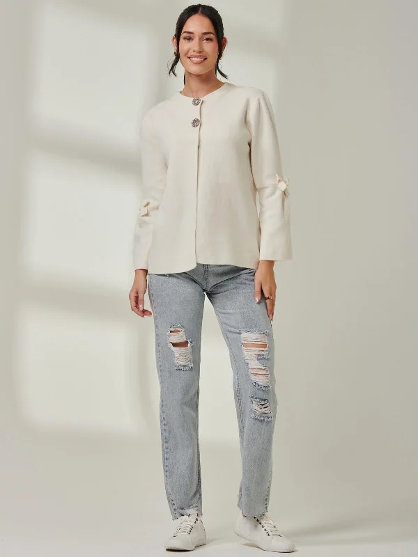 Button Bow Sleeve Knit Cardigan, Oatmeal Chenille Brocade Lace