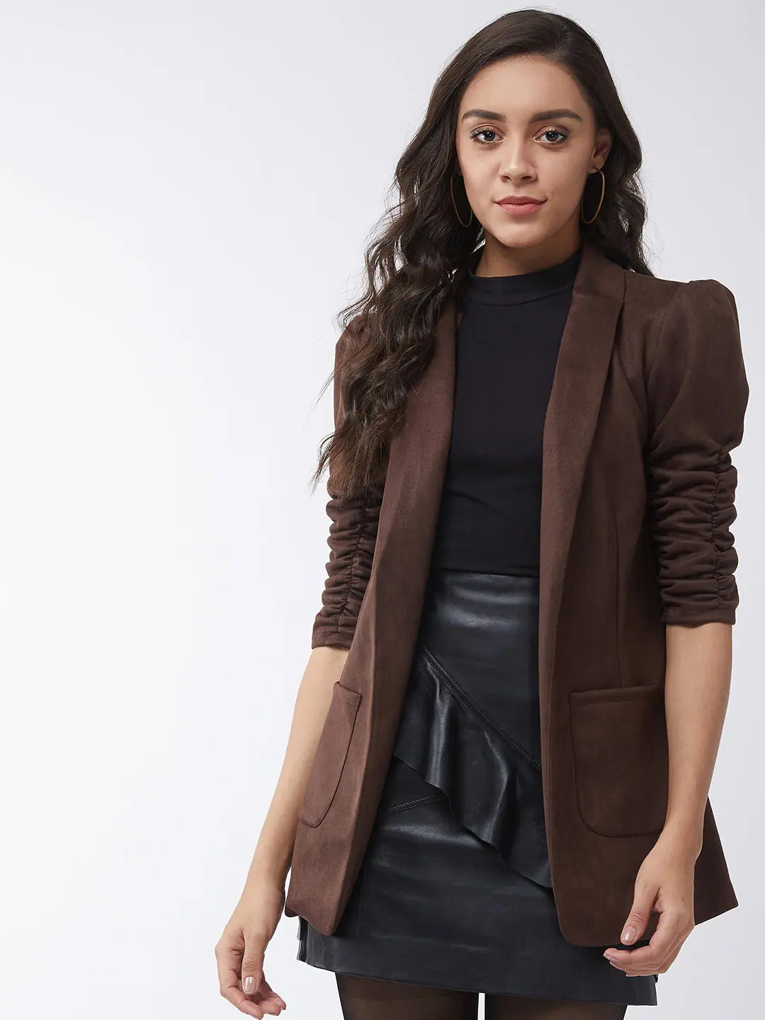 Solid Long Blazer With Ruched Sleeves-PKJ2038DYPNK-S Women's Wedding Blazer