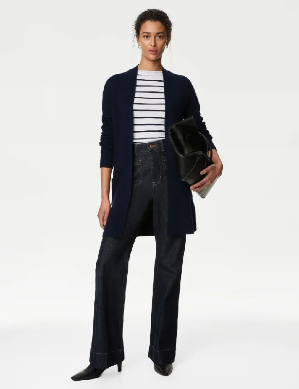 Soft Touch Knitted Longline Cardigan Welt Pockets Slit Pockets Flap Pockets