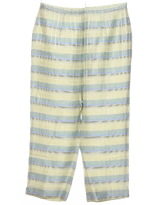 Checked Light Yellow, Green & Blue Silk Trousers - W30 L22 Trousers cozy comfortable