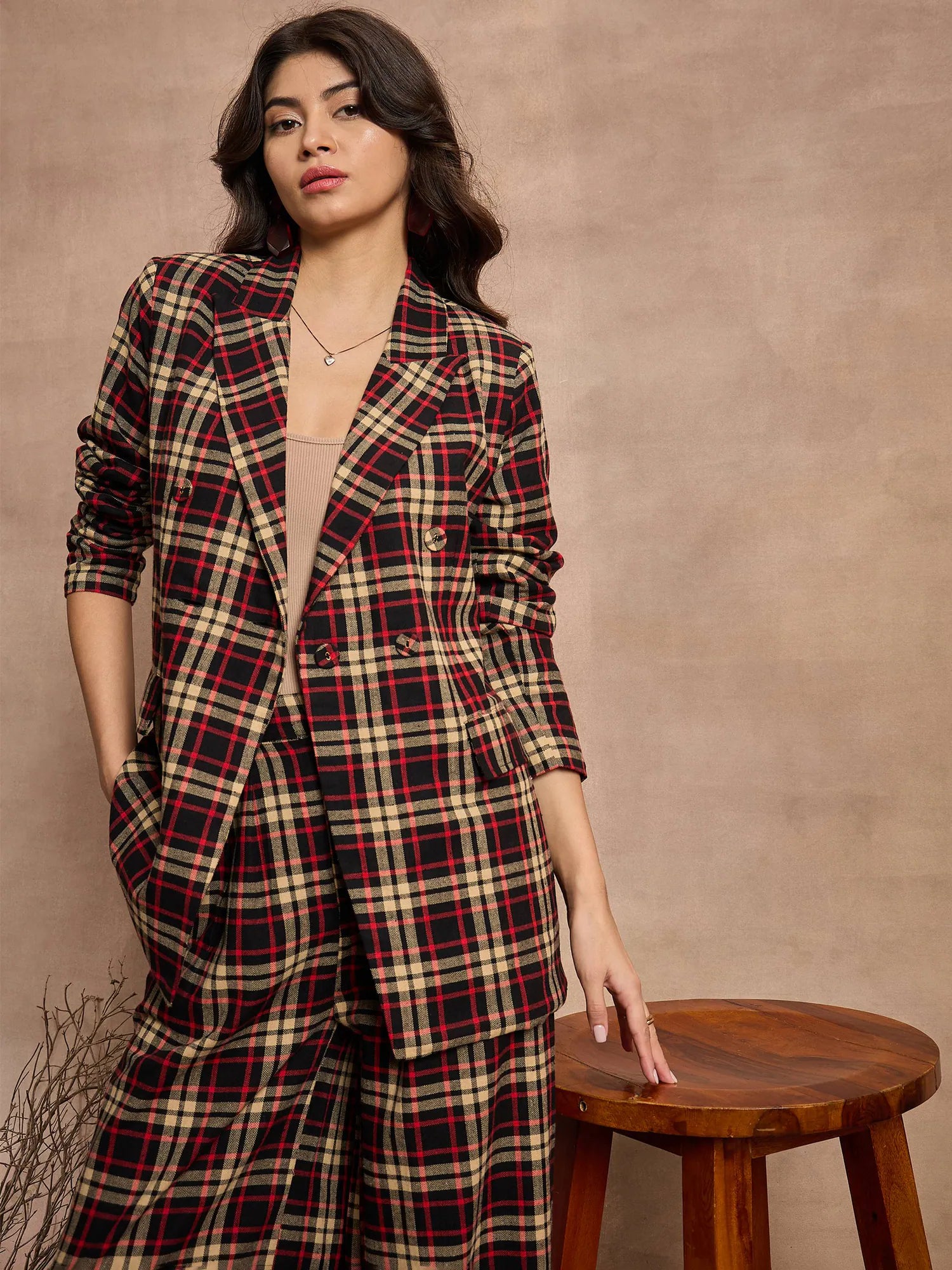 Women Black & Beige Check Double Brested Blazer-SFJCKT6960 Women's Luxurious Jacket