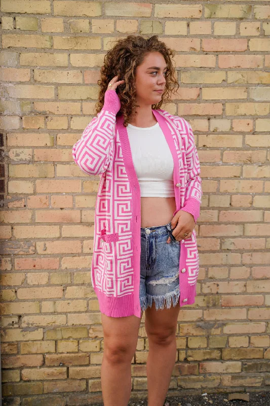 Pink Geo Cardigan Lightweight Heavyweight Midweight