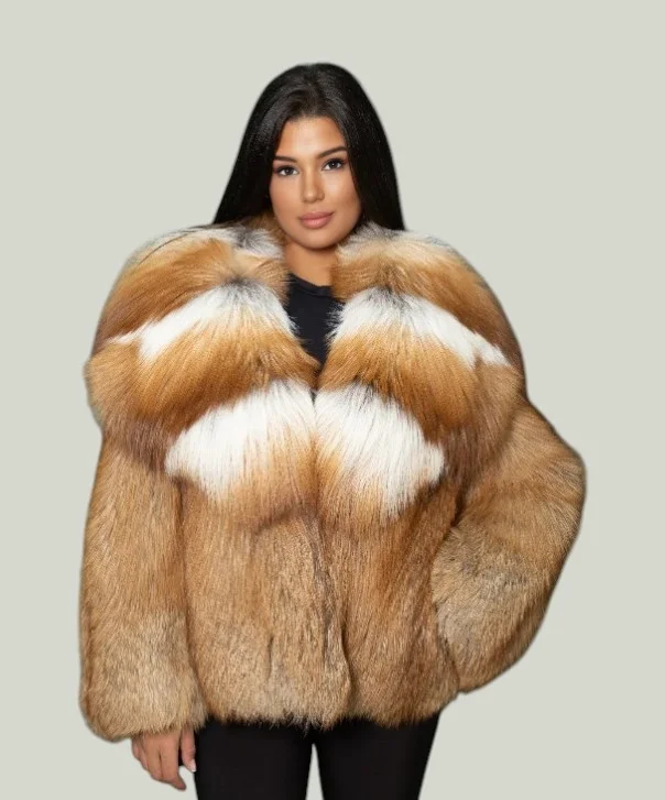 Women’s Luxe Red Fox Fur Coat Blazer Duffle Coat Pea Coat