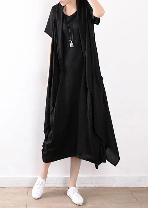 black fashion two pieces linen sleeve mid cardigan loose short sleeve maxi dress Denim Fabric Leather Fabric Suede Fabric