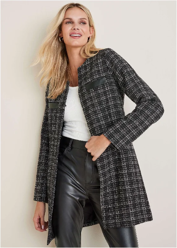 Tweed And Faux-Leather Coat - Black & White Solid Print Jacquard
