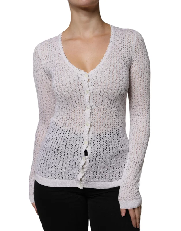 Dolce & Gabbana White Silk Button Down Cardigan Sweater Long Cardigan Short Cardigan Medium Cardigan