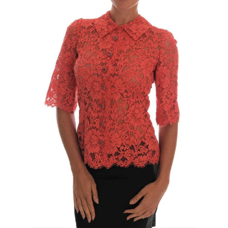Dolce & Gabbana Elegant Orange Floral Lace Crystal Cardigan Blouse Hooded Cardigan Collared Cardigan Shawl Collar