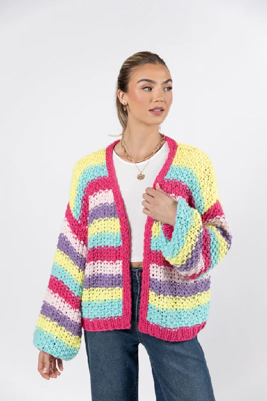 Forgot You Existed Hot Pink Multi Striped Cardigan  FINAL SALE Front Pockets Side Pockets Patch Pockets