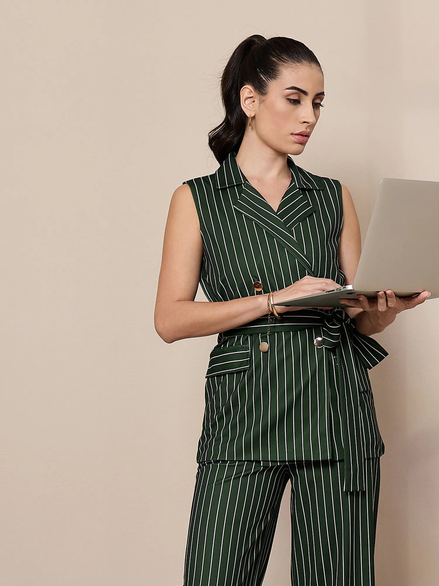 Women Green Striped Sleeveless Front Tie-Up Blazer-SFJCKT6942 Women's Unique Blazer