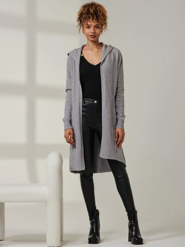 Drawstring Waist Hooded Cardigan, Dove Heather Beaded Cardigan Sequined Faux Fur