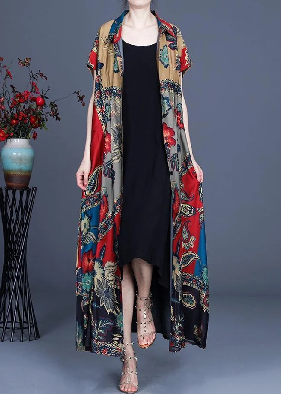 Stylish  Red Grey Print Summer Peter Pan Collar Cardigan Long Handmade Hand-knitted Hand-woven