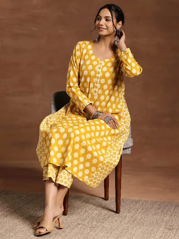 Mustard Printed Cotton A-Line Kurta With Trousers Trousers Leather Faux