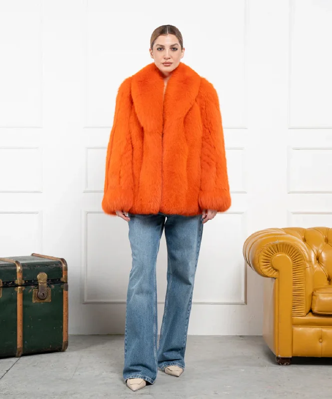 Women's Orange Fox Fur Coat Turtleneck Wrap Cape