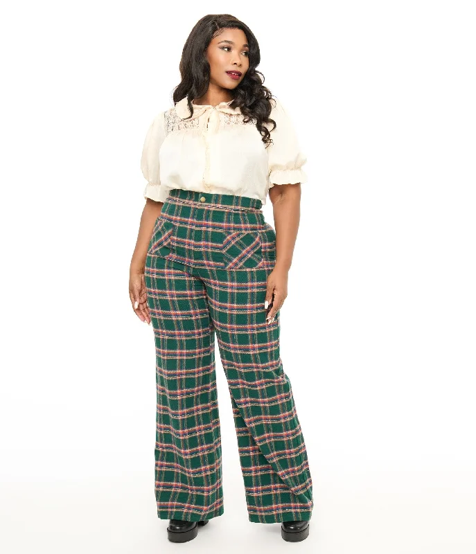 Smak Parlour Plus Size 1960s Green & Red Plaid Wide Leg Trousers Trousers Solid Black