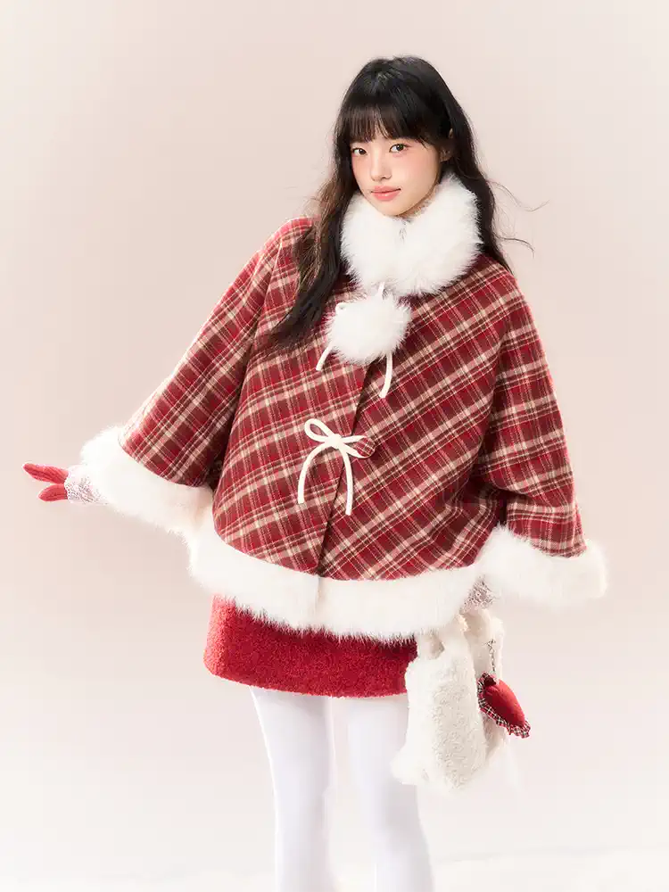 Red Checkered Bow Fur Collar Coat NTO0163 Jersey Tulle Batik