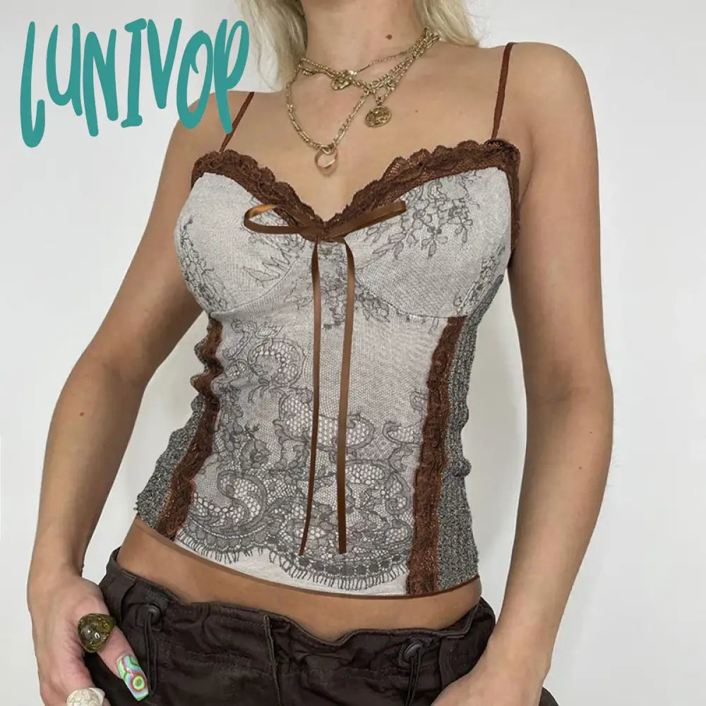 Lunivop Woman Patchwork Camisole Tank Contrast Color Jacquard Top Crop Korean Tops Corset Gauze Chic Top Sexy Hot Gyaru Kpop Y2K cold shoulder tank