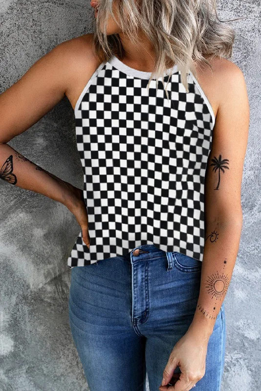 Black Plaid O Neck Sleeveless Tank Top lime green tank