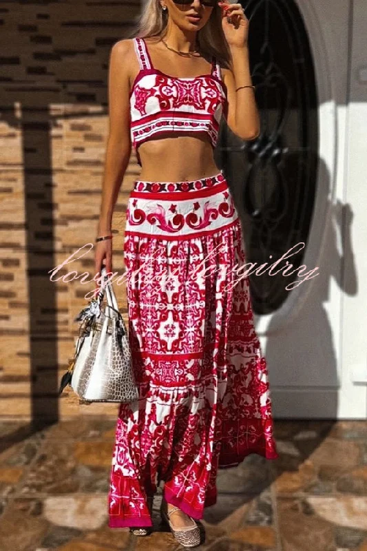 Unique Printed Sexy Sling Tank and Elastic Waist Large Hem Maxi Skirt Set graphic tank top
