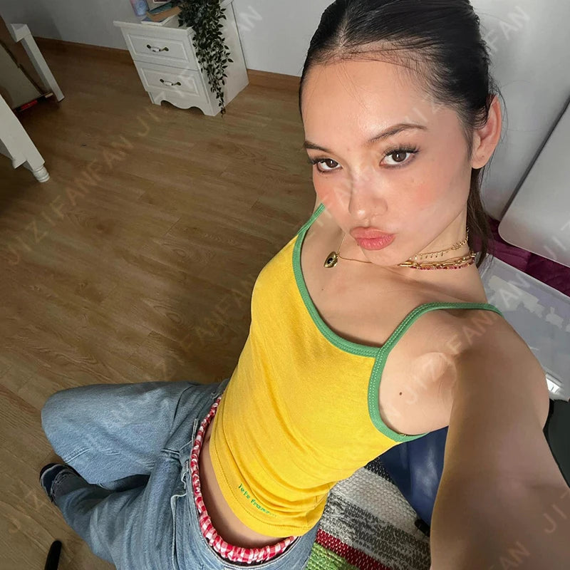 Lunivop Gothic Sexy Yellow Sleeveless Tank Tops Vintage Letter Cute Grunge Streetwear Crop Tops Gothic Girls Corset trashy y2k 2000s bronze tank top