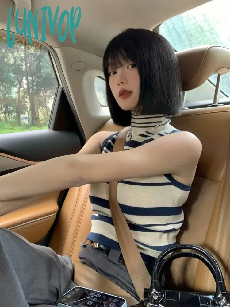 Lunivop Y2k Aesthetic Streetwear Vintage Striped Tank Top 2024 Spring Slim Sleeveless Cropped Tops All Match Turtleneck Harajuku Tanks lightweight tank top