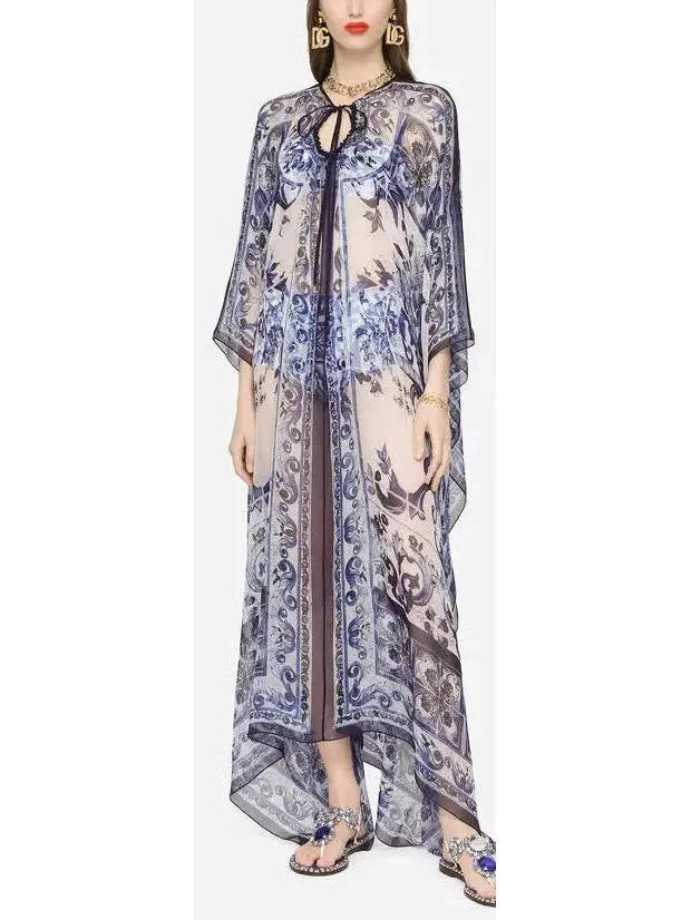 Majolica-Print Chiffon Kaftan Dress with Under Bralette Cropped Tank Top and Short Set sheer tank top