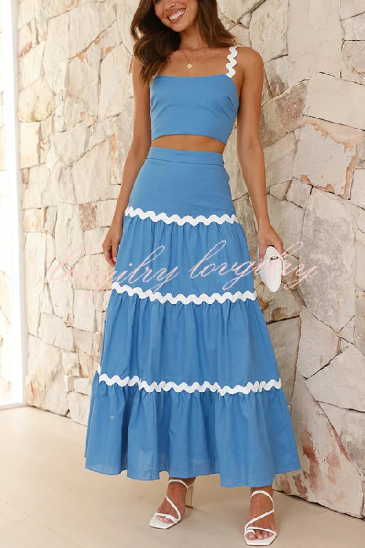 Island Beauty Wave Trim Patchwork Crop Tank and Elastic Waist Skirt Set high neck tank