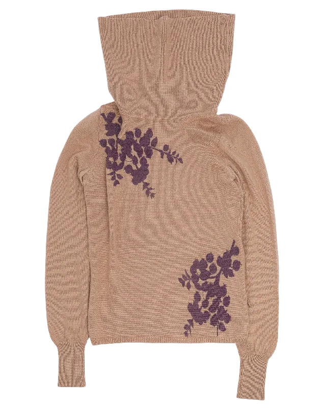Floral Turtleneck Sweater Toggled Drawstring Belted