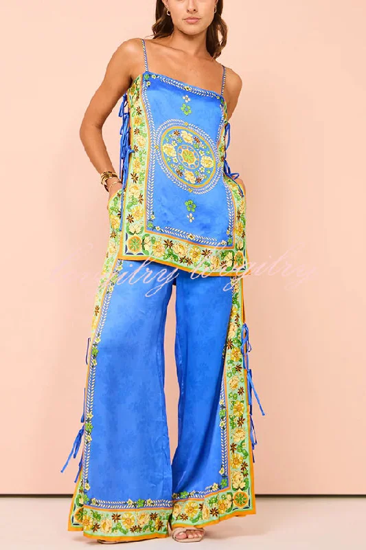 Nara Satin Unique Print Side Lace-up Tank and Elastic Waist Pocketed Wide Leg Pants Set cropped tank top