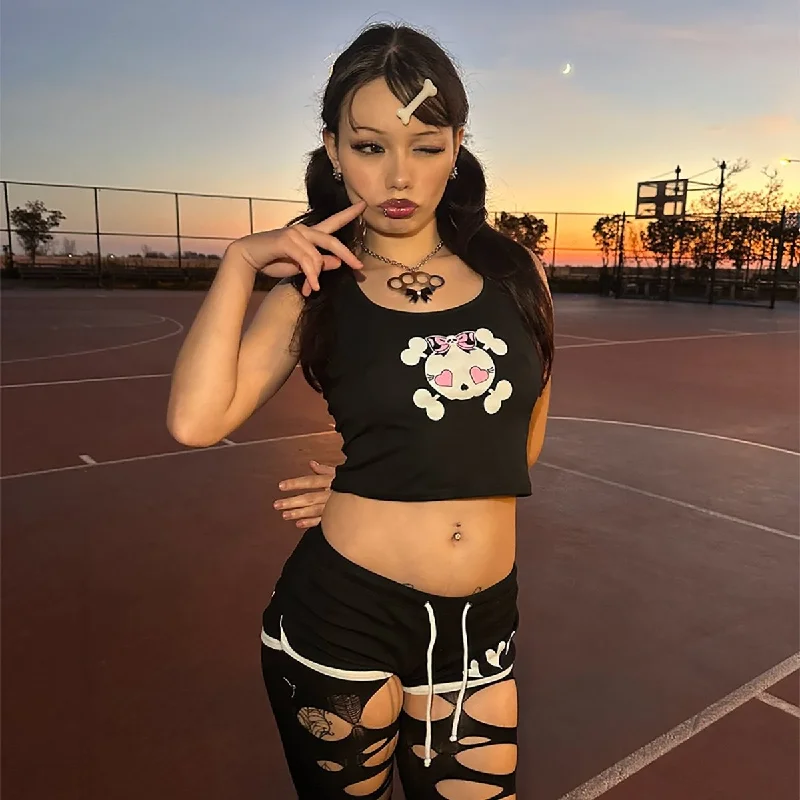 Heart Eyed Girly Skull Crop Tank cotton tank top