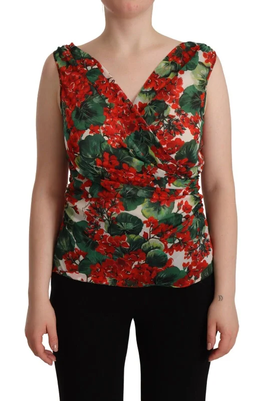 Dolce & Gabbana Elegant V-Neck Geranium Print Silk Tank Top cute tank top