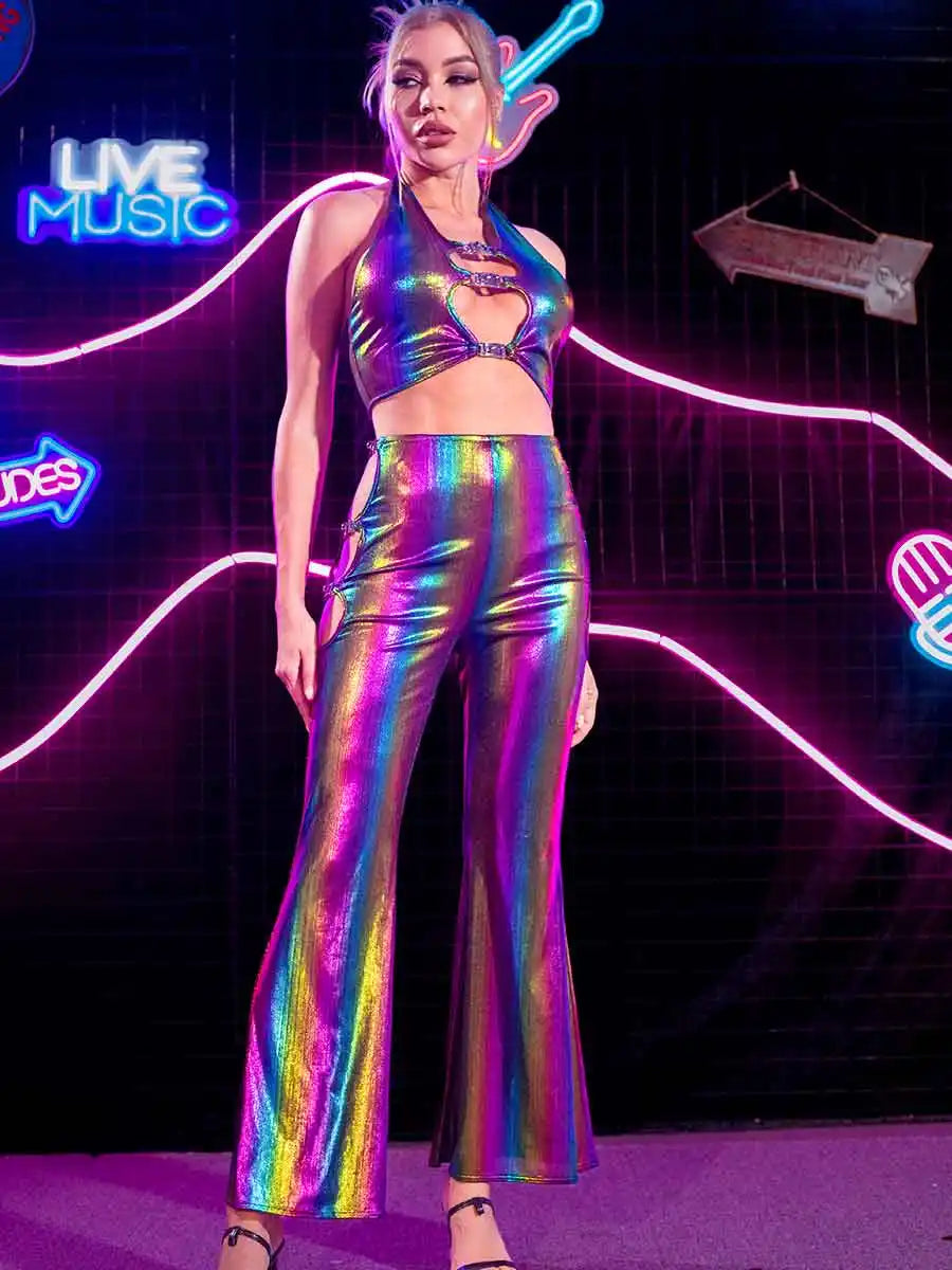 Reflective Two Piece Pants Set With Hollow Tank Top halter tank top