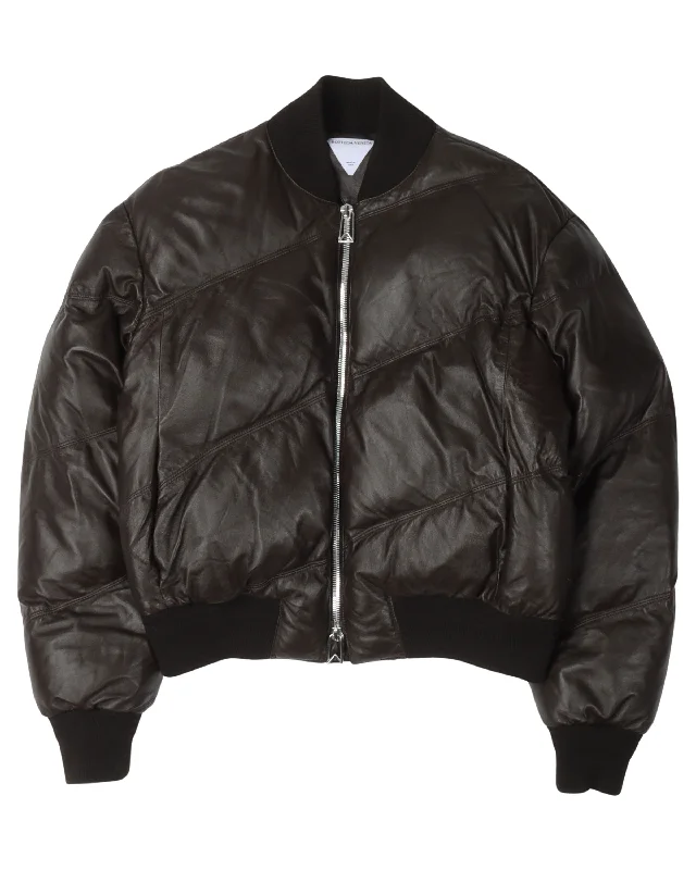 Quilted Leather Puffer Jacket Boat Neck Shawl Collar Notched Collar
