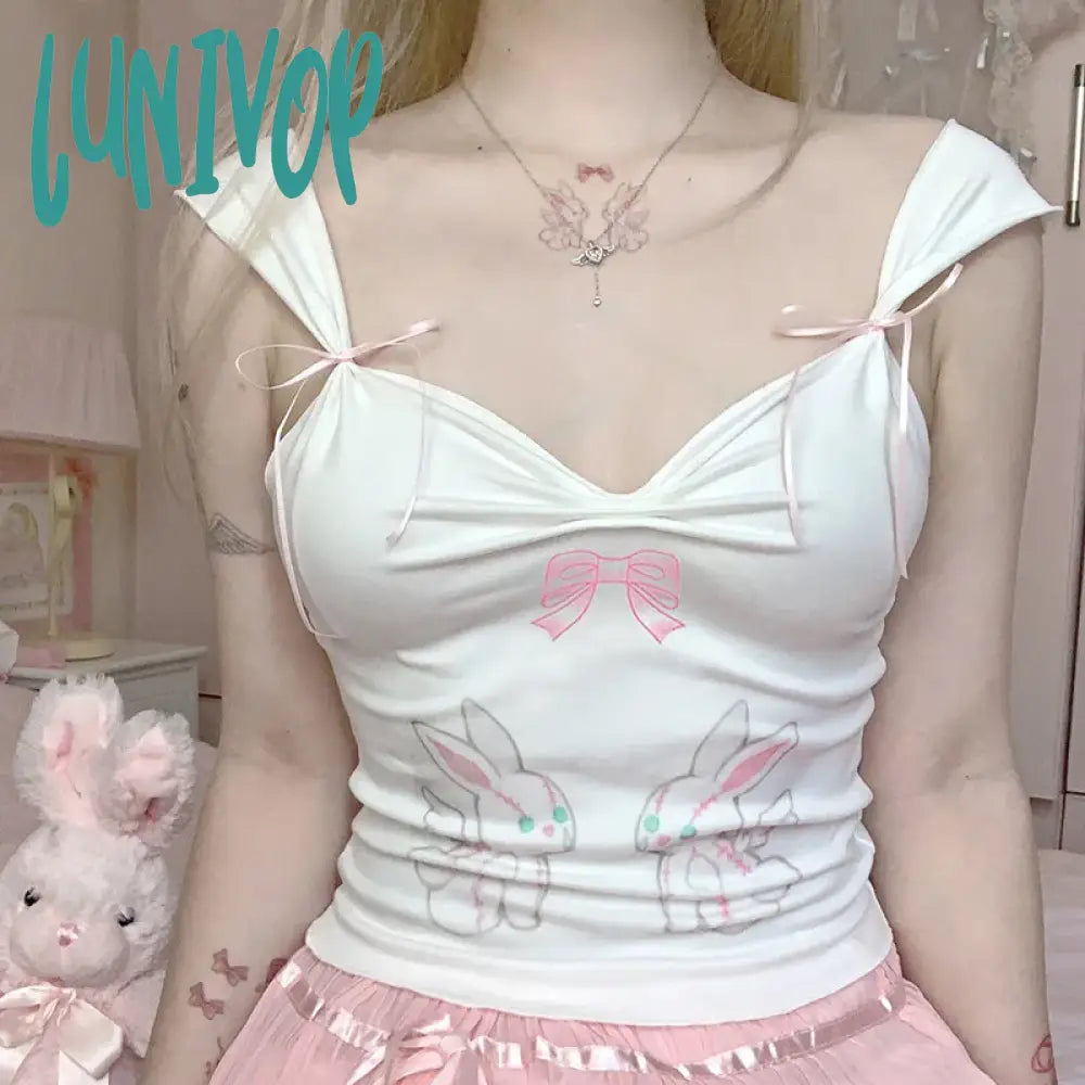 Lunivop Korean Cutecore Rabbit Bow Printed Summer Tank Top Short Bow Folds Vest Slim Sleeveless Crop Tops Tees Japanese Y2K slim fit tank