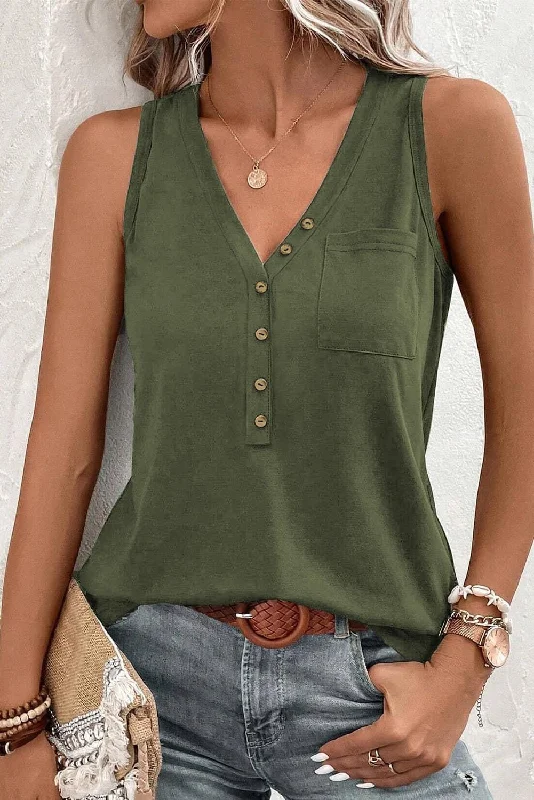 Half Button V Neck Patched Pocket Tank Top mint tank top
