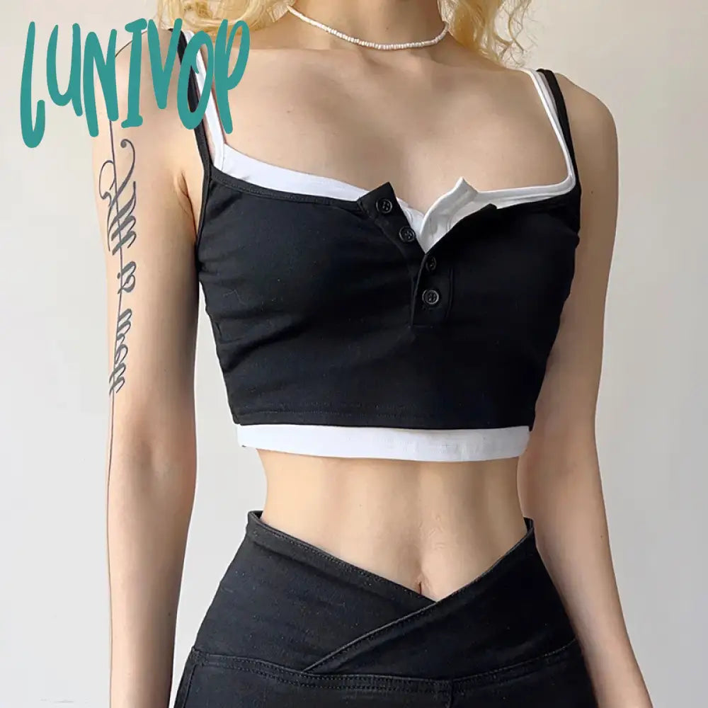 Lunivop Woman Knit Camisole Square Neck Tank Fake Two Pieces Top Crop Cozy Tops Elegant Halter Top Design Bustier Corset Top Gyaru modal blend tank