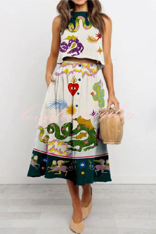 Taniyah Linen Blend Unique Print Tank and Pocketed Button Front Midi Skirt Set long tank top