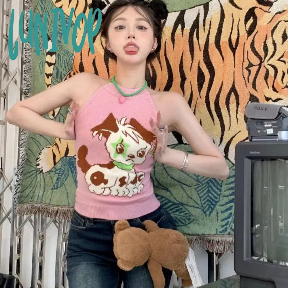 Lunivop Kawaii Puppy Embroidery Tank Top Summer Vintage Sleeveless Knitting Halter Top Japanese Camisole Cami Top Sexy Y2k Crop Top one shoulder tank