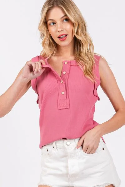 Hazel Blues® |  Ces Femme Stitch Detail Half Button Ribbed Tank sheer tank top