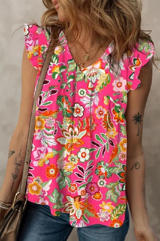 Rose Floral V Neck Ruffle Tank Top lemon yellow tank