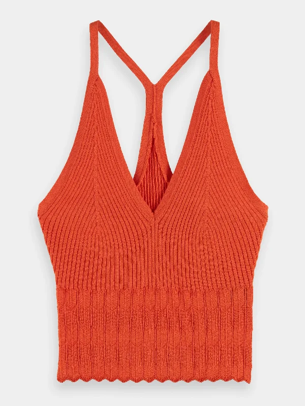 V-neck pointelle tank top sheer tank top