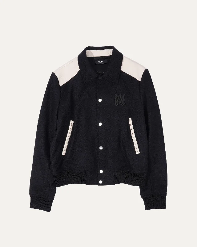 Logo Embroidered Wool-Bend Twill Varsity Jacket One-Shoulder Jacket Off-the-Shoulder Jacket Asymmetrical Jacket