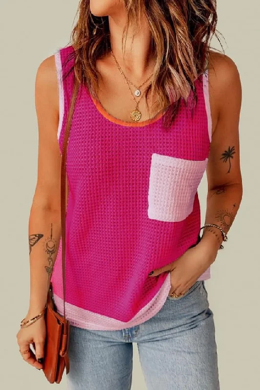 Rose Red Color Block Patched Pocket Breathable Knit Tank Top neon tank top